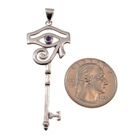 Solid 925 Sterling Silver Eye of Horus Spiritual Enchangement Key Pendant w/Gem - Picture 2 of 8